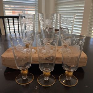 Vintage Etched Floral Gold Rim Glassware Set of 6 Hollywood Regency1960s
